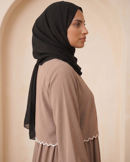 Premium Georgette High-Waist Maxi Abaya Set with Delicate White Scallop Lace