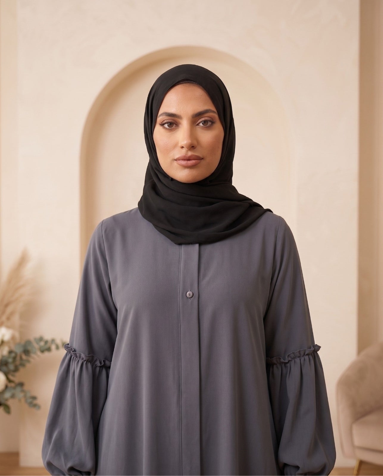 Premium Light Taupe Georgette Pleated Abaya Set with Elegant Balloon Sleeves