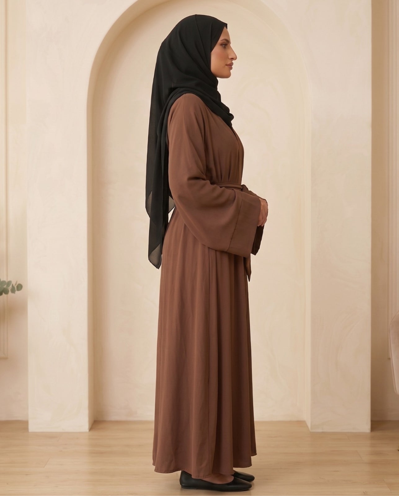 Premium Espresso Brown Georgette Open-Front Abaya with Matching Waist Belt