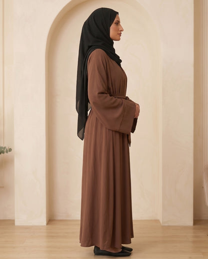 Premium Espresso Brown Georgette Open-Front Abaya with Matching Waist Belt