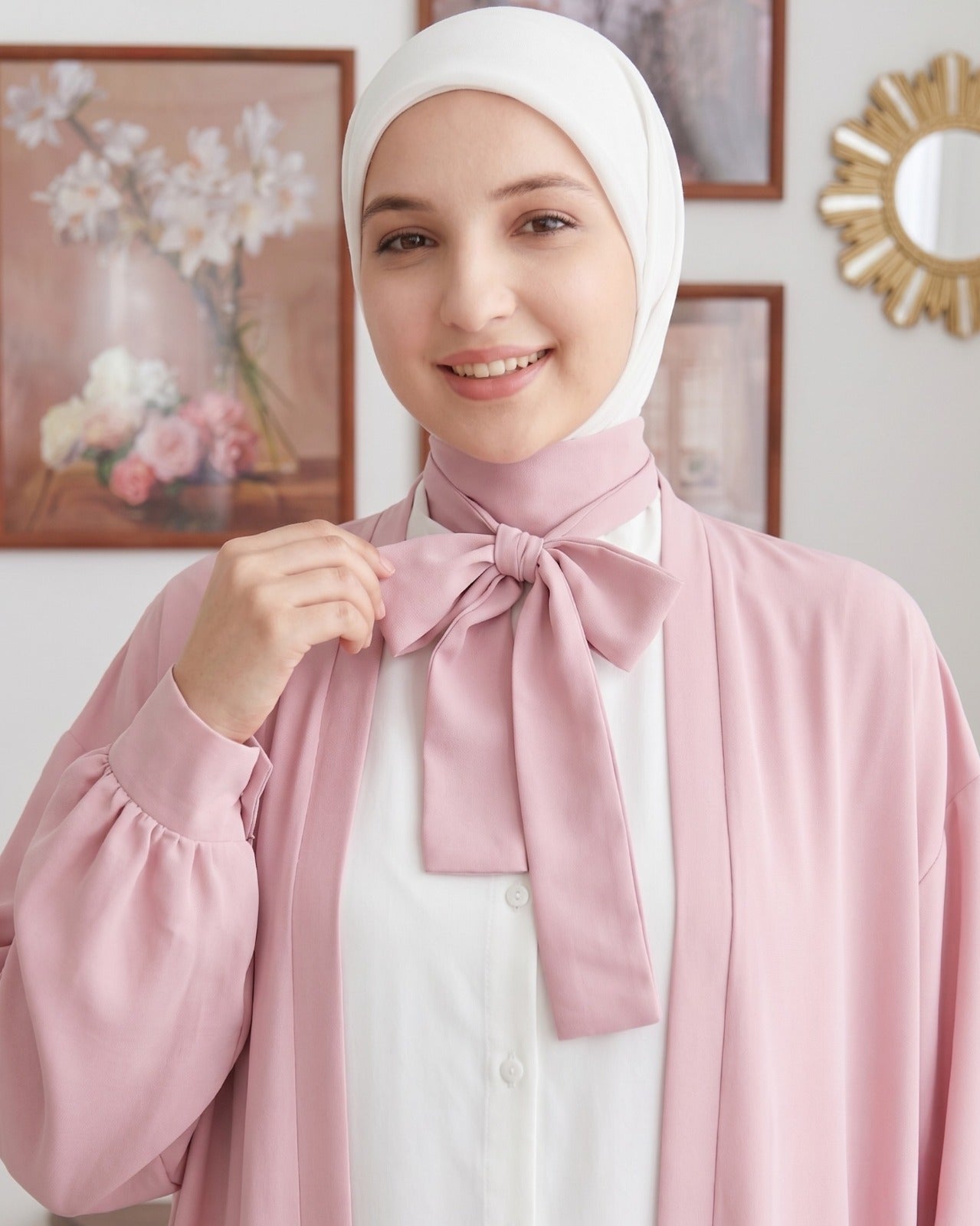 Rose-Pink Tie-Neck Open-Front Abaya Set