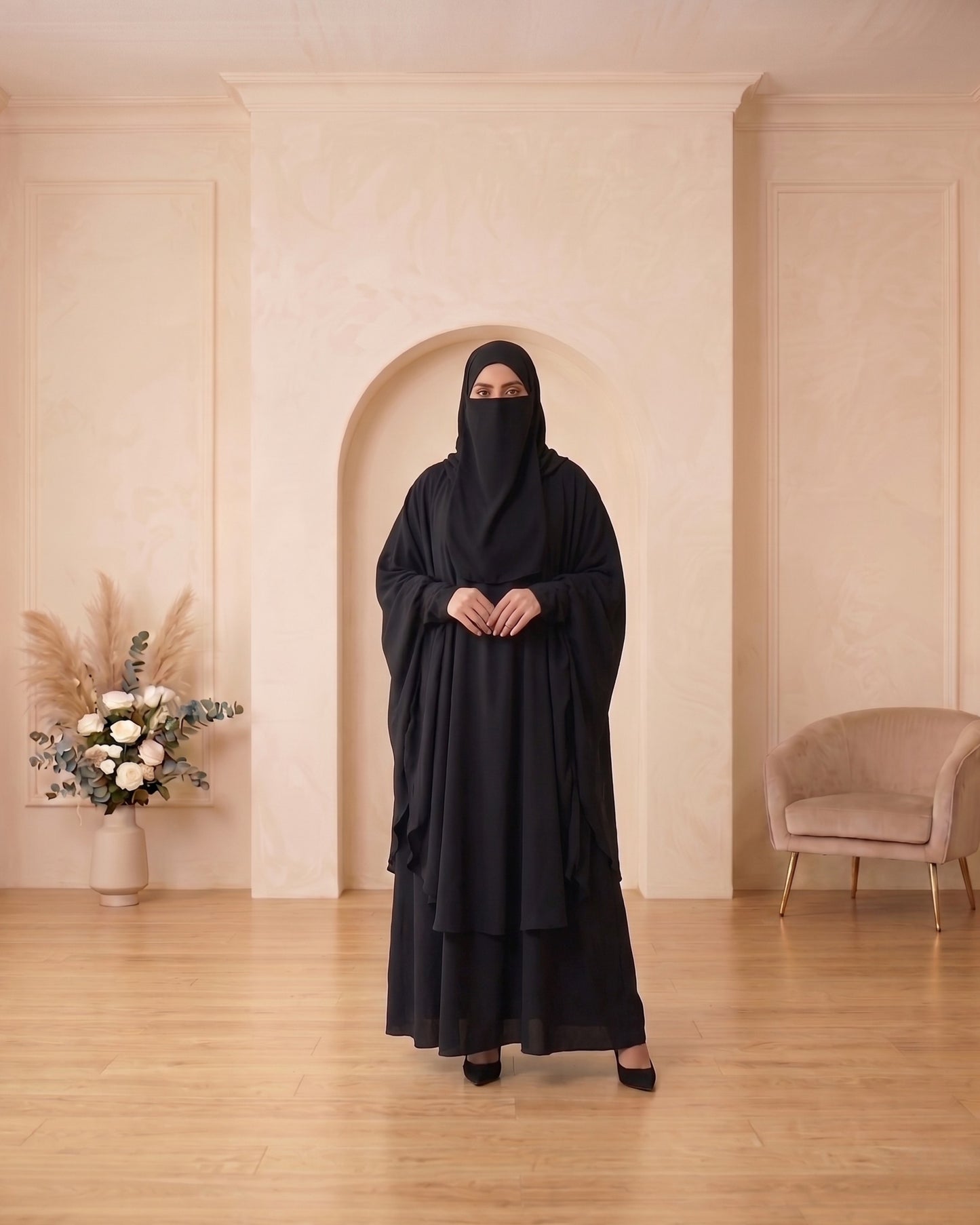 Elegant Midnight Black Layered Abaya with Matching Niqab