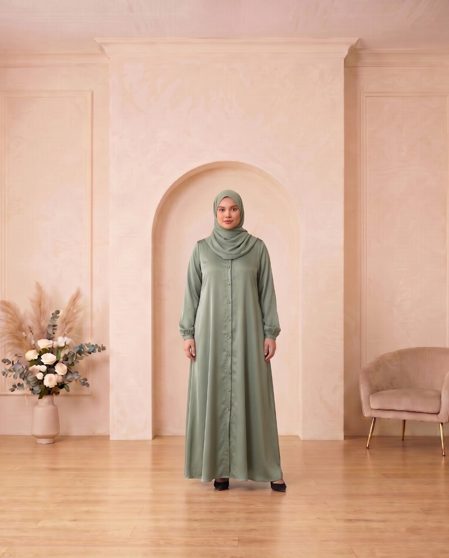Modern Sage Green Button-Down Georgette Abaya