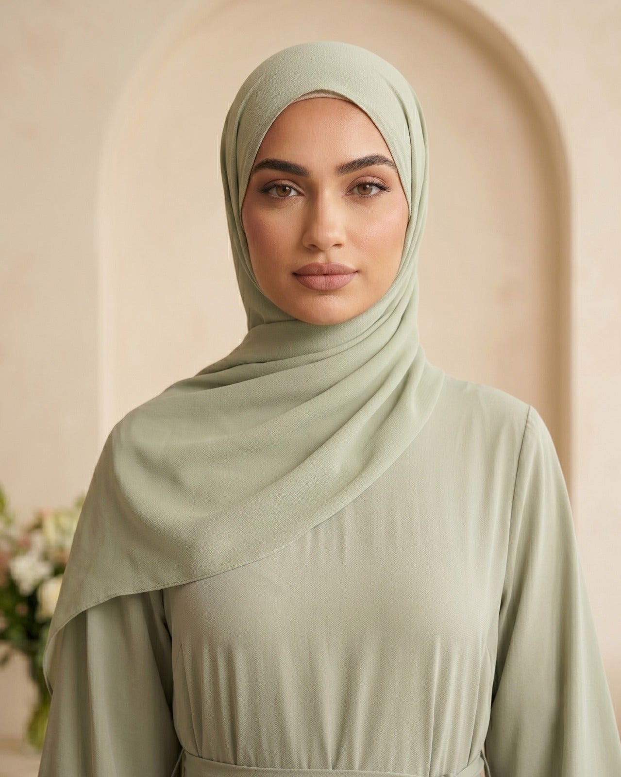 Elegant Sage Green Georgette Abaya with Belt