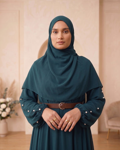 Embellished Teal Georgette Belted Abaya