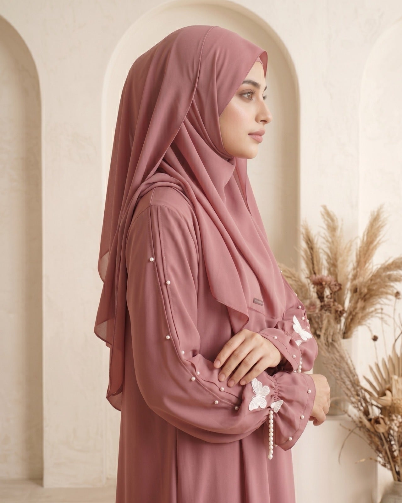 Dusty Rose Pleated-Sleeve Elegant Abaya
