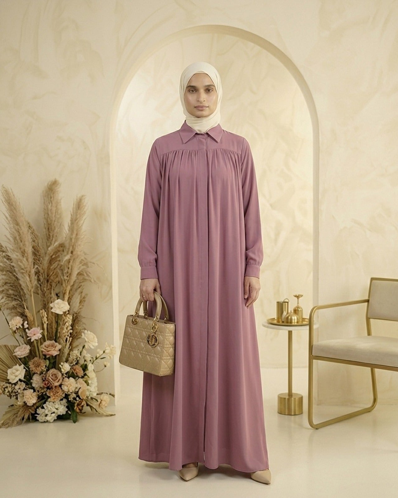 Emerald Green Daisy Embroidered Georgette Abaya - Noor-e-Haya Collection (CopyElegant Mauve Georgette Abaya with Button-Down Detail