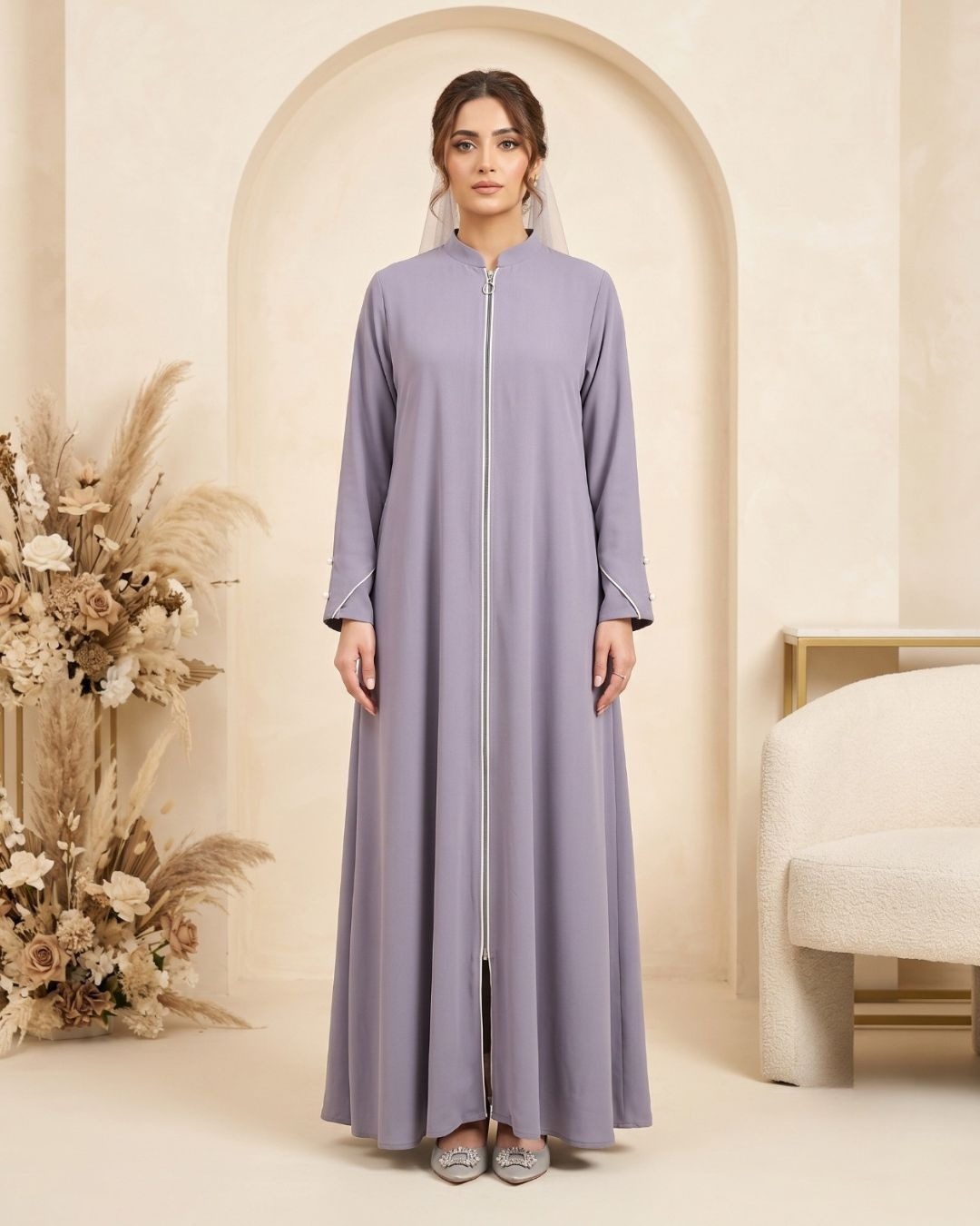 Premium Lavender Front-Zip Abaya with Embellished Cuffs