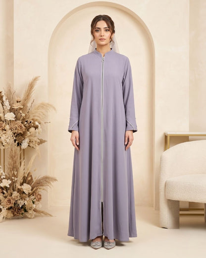 Premium Lavender Front-Zip Abaya with Embellished Cuffs