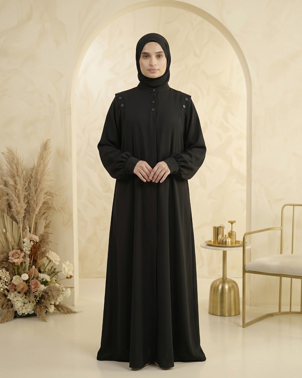 Classic Black Georgette Abaya with Shoulder Detail