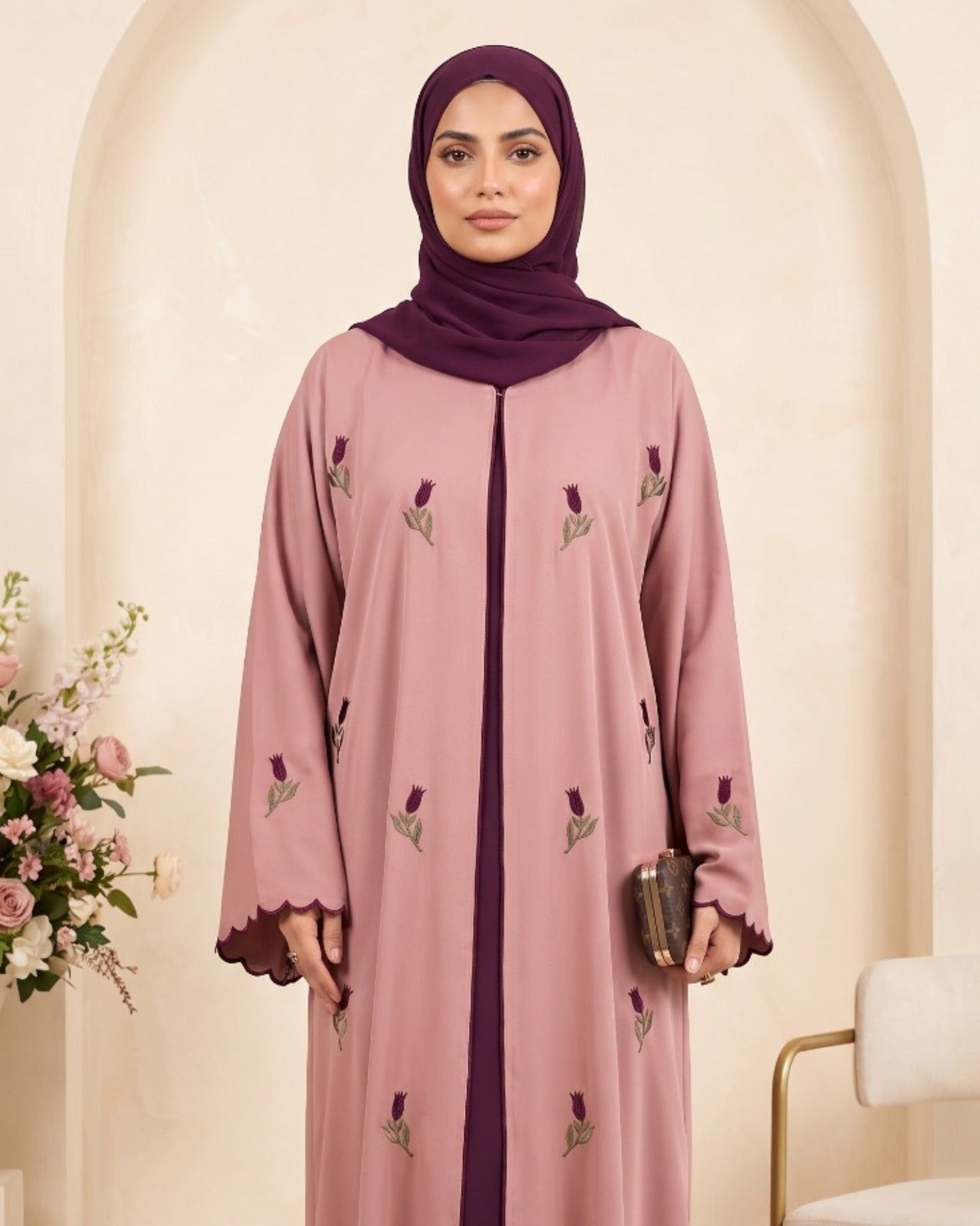 Elegant Georgette Front-Open Abaya with Tulip Embroidery & Scalloped Cuffs