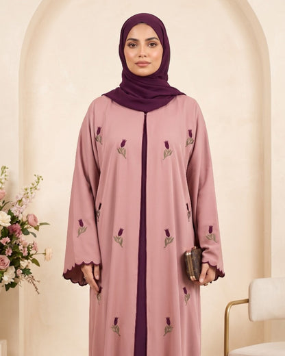Elegant Georgette Front-Open Abaya with Tulip Embroidery & Scalloped Cuffs
