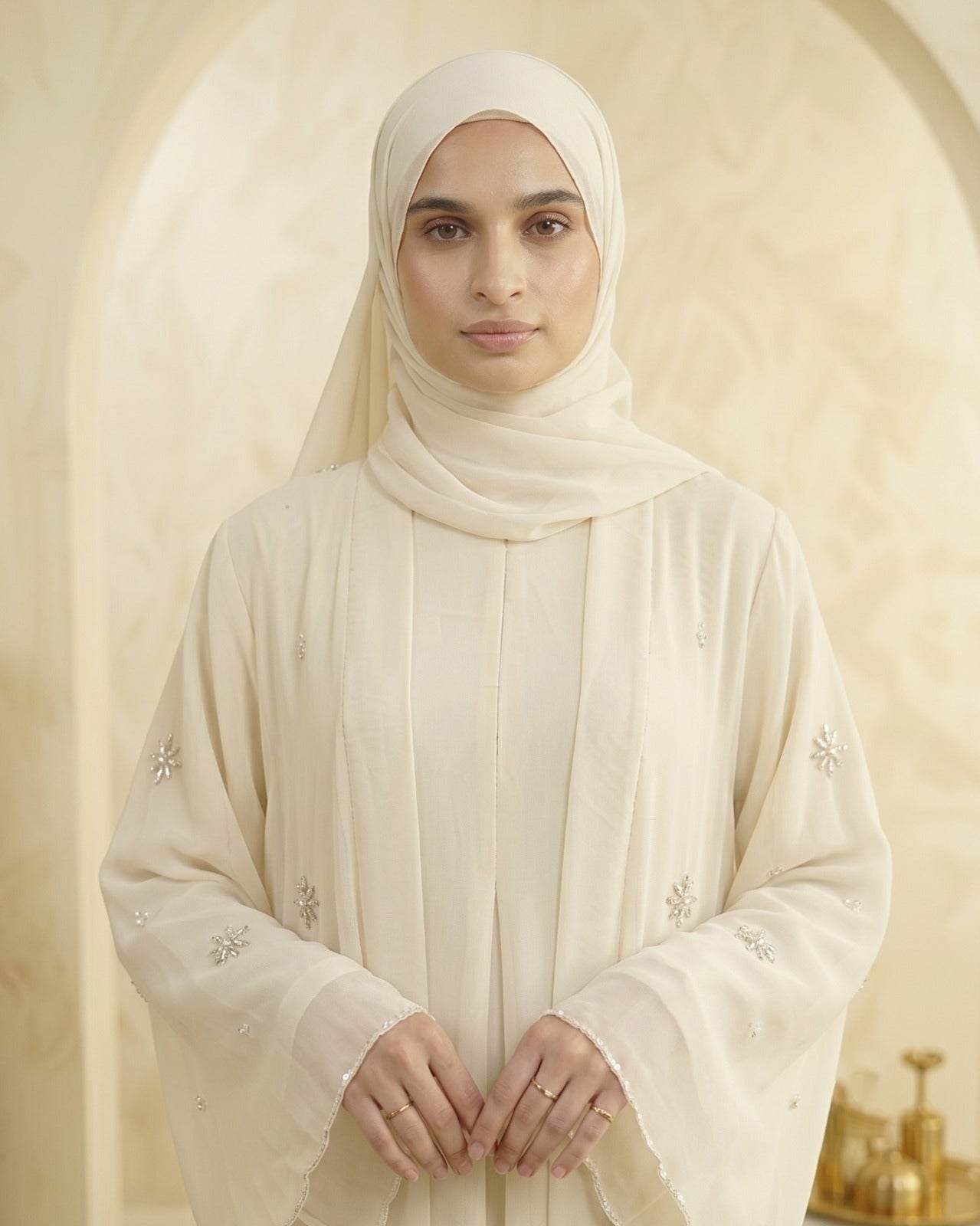 Classic Cream Embroidered Georgette Abaya
