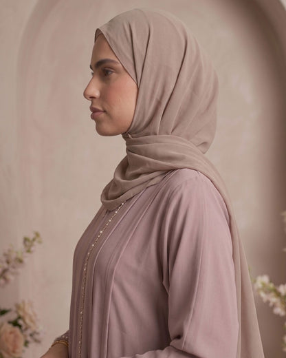 Elegant Dusty Mauve Georgette Abaya with Pearl Cuff Detail
