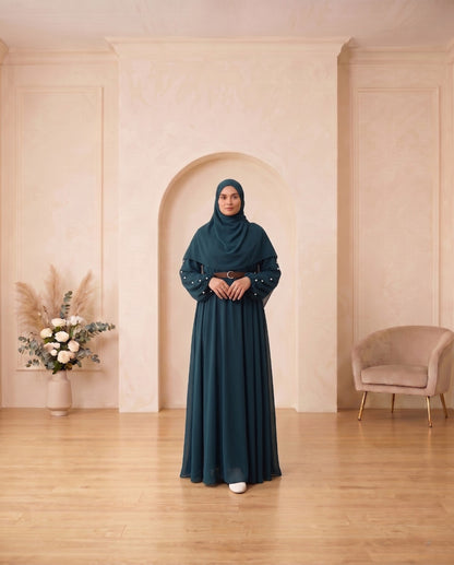 Embellished Teal Georgette Belted Abaya