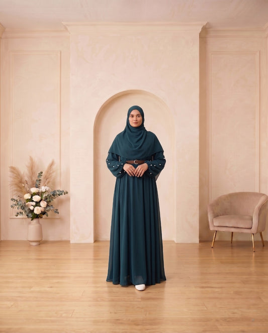 Embellished Teal Georgette Belted Abaya