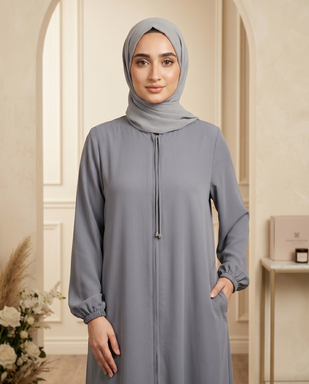 Minimalist Slate Gray Front-Zip Georgette Abaya