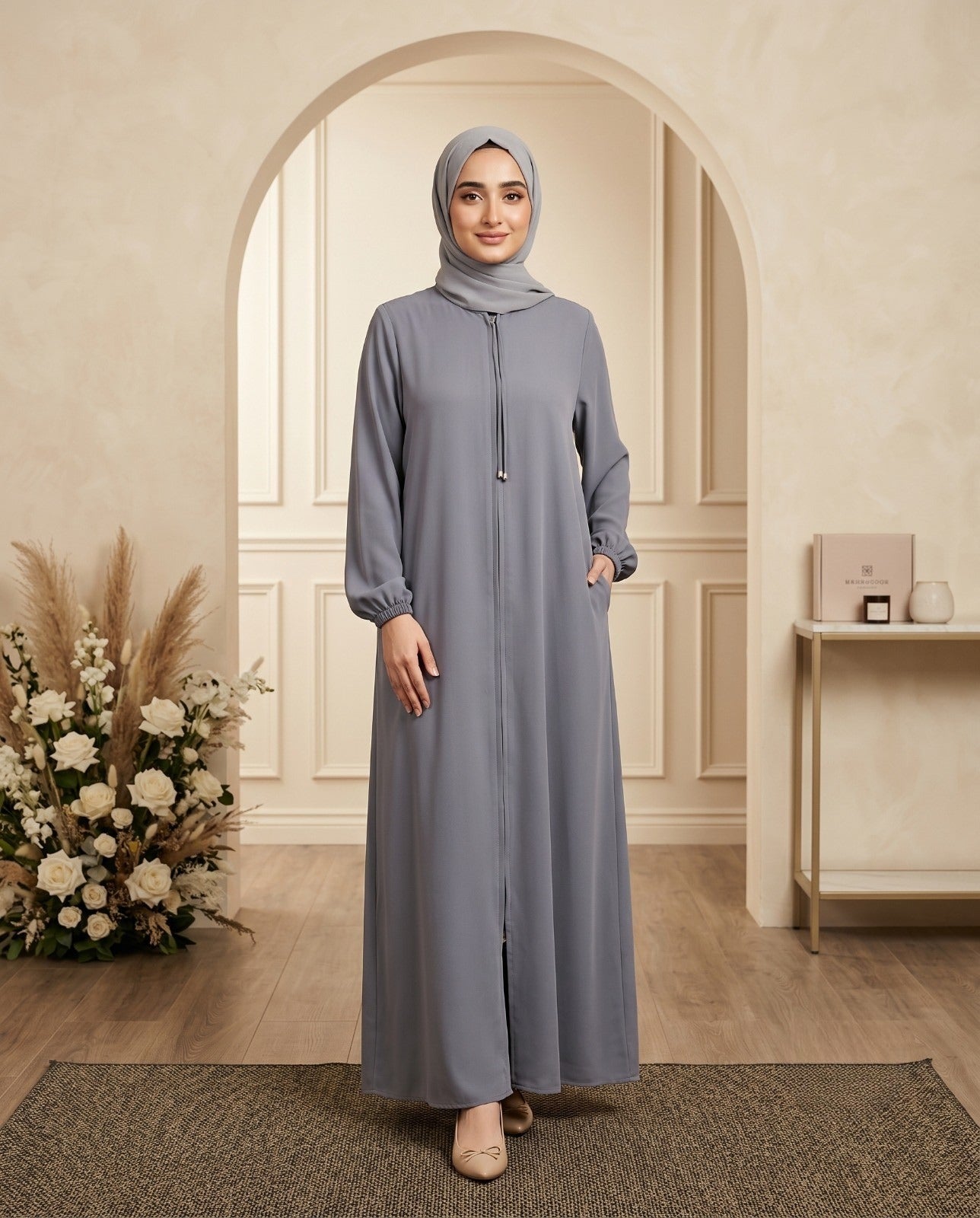 Minimalist Slate Gray Front-Zip Georgette Abaya