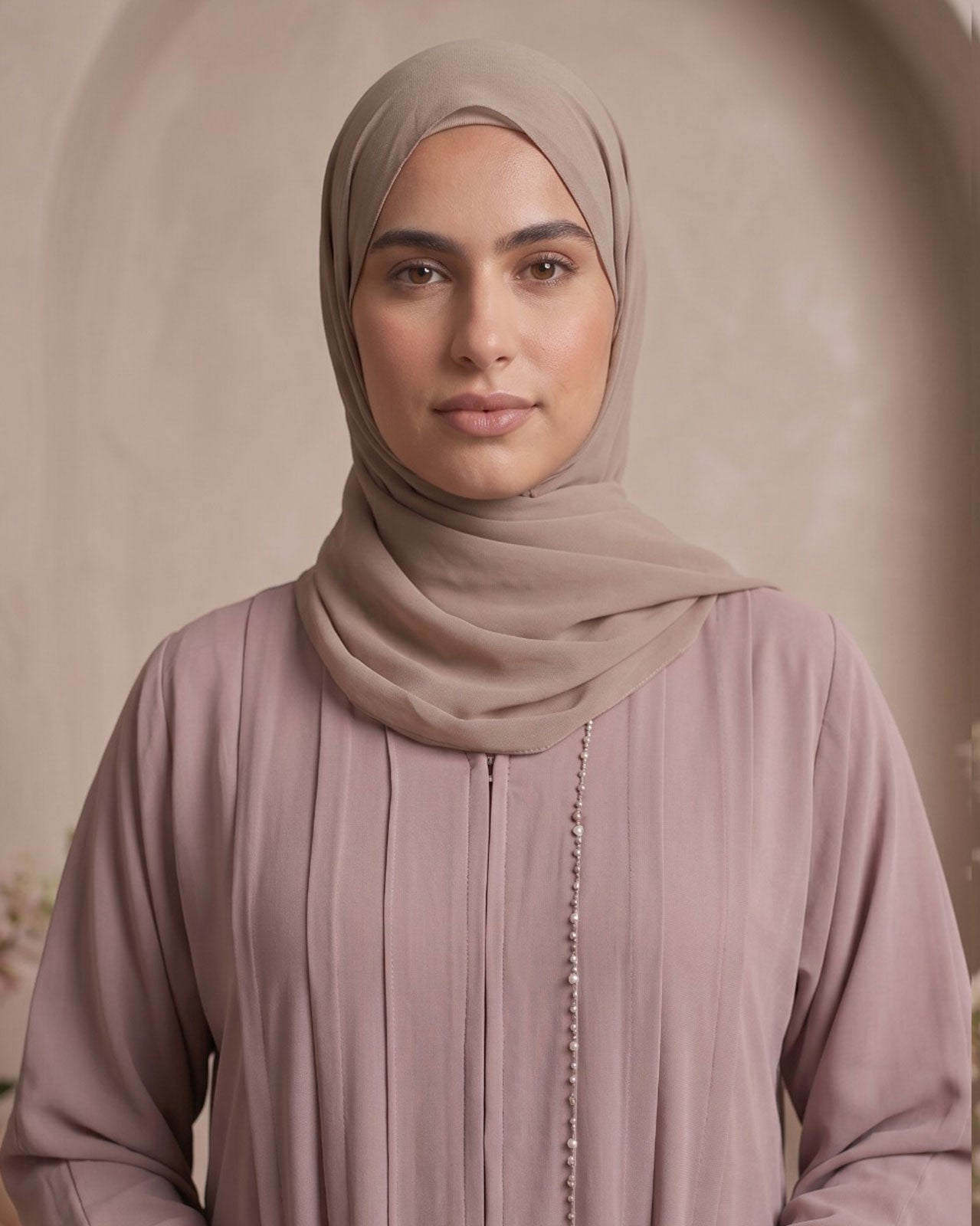 Elegant Dusty Mauve Georgette Abaya with Pearl Cuff Detail