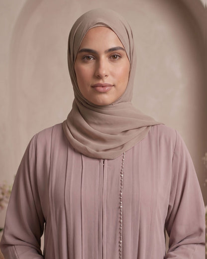 Elegant Dusty Mauve Georgette Abaya with Pearl Cuff Detail