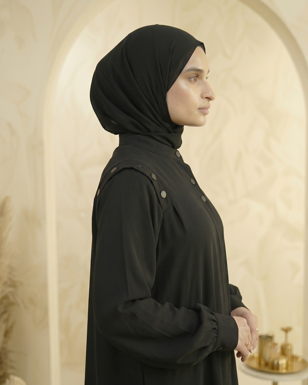 Classic Black Georgette Abaya with Shoulder Detail
