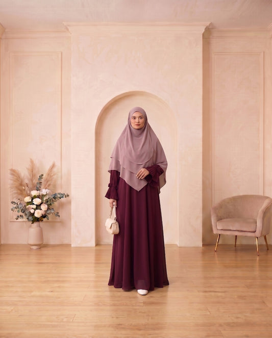 Ethereal Plum Pleated-Sleeve Georgette Abaya