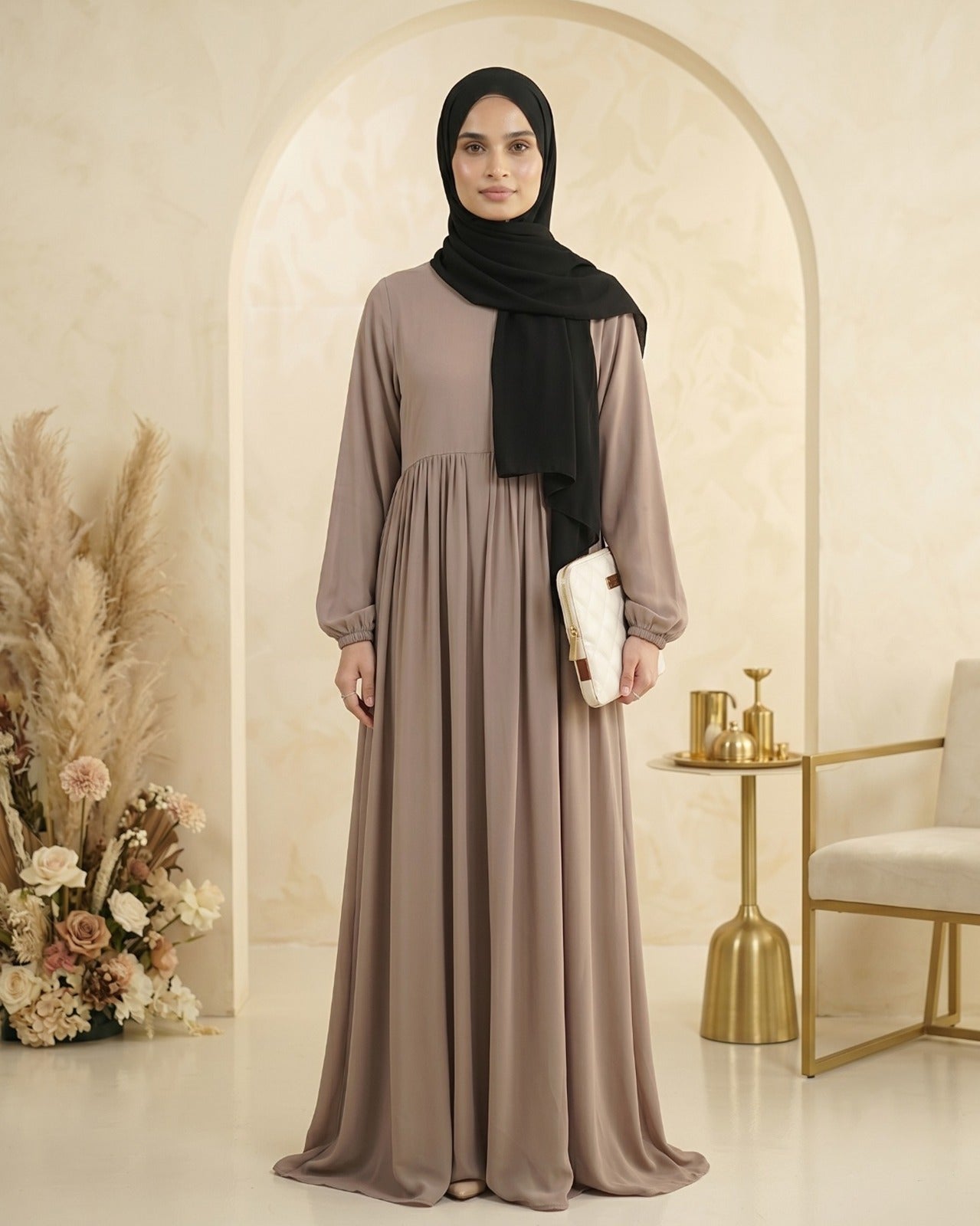 Elegant Minimalist Beige Georgette Abaya