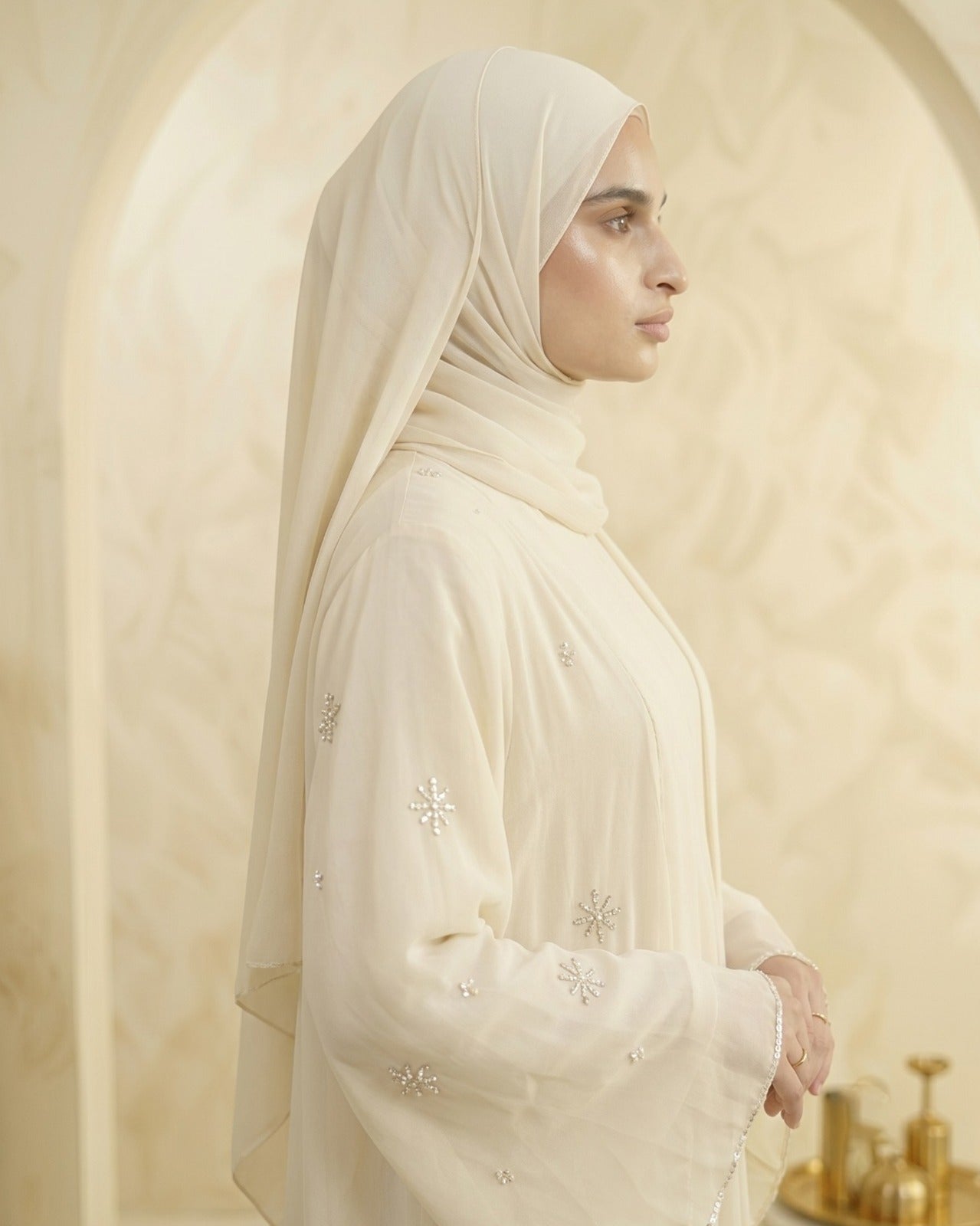 Classic Cream Embroidered Georgette Abaya