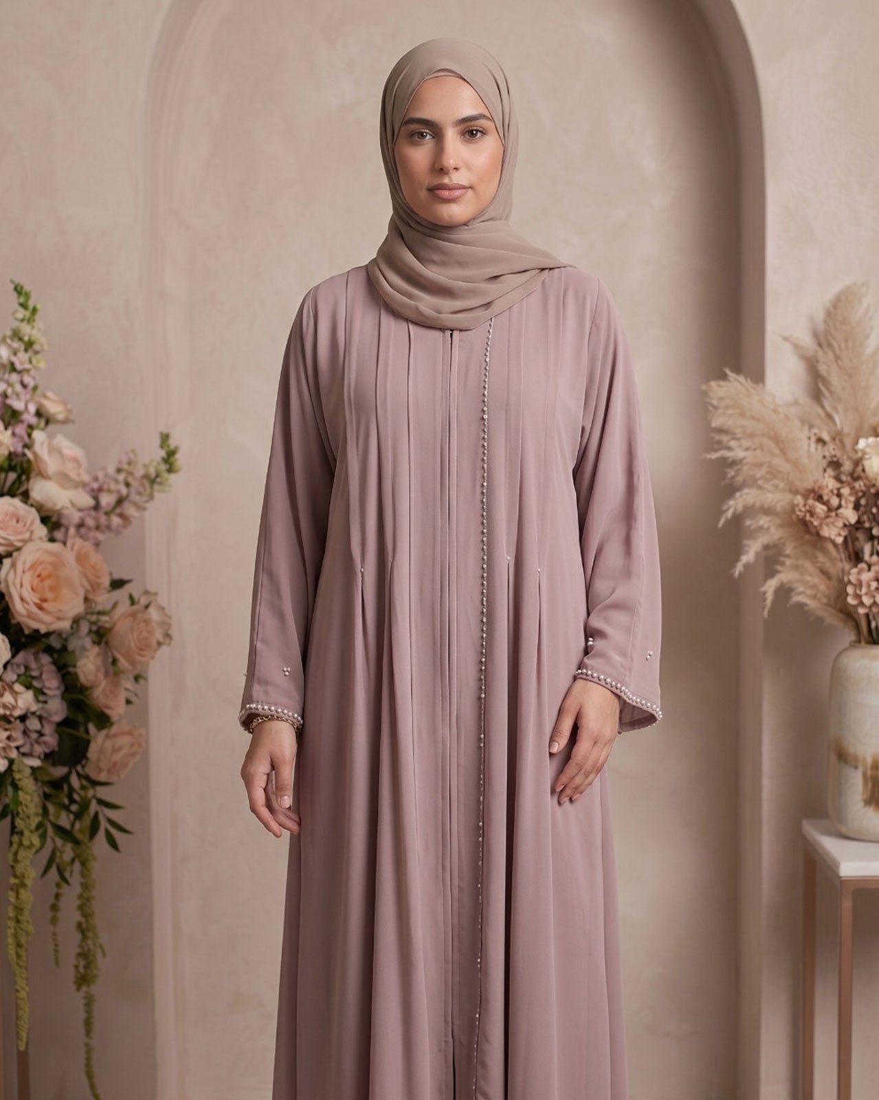 Elegant Dusty Mauve Georgette Abaya with Pearl Cuff Detail