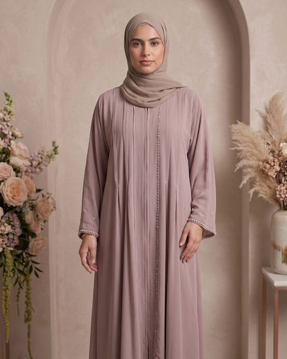 Elegant Dusty Mauve Georgette Abaya with Pearl Cuff Detail