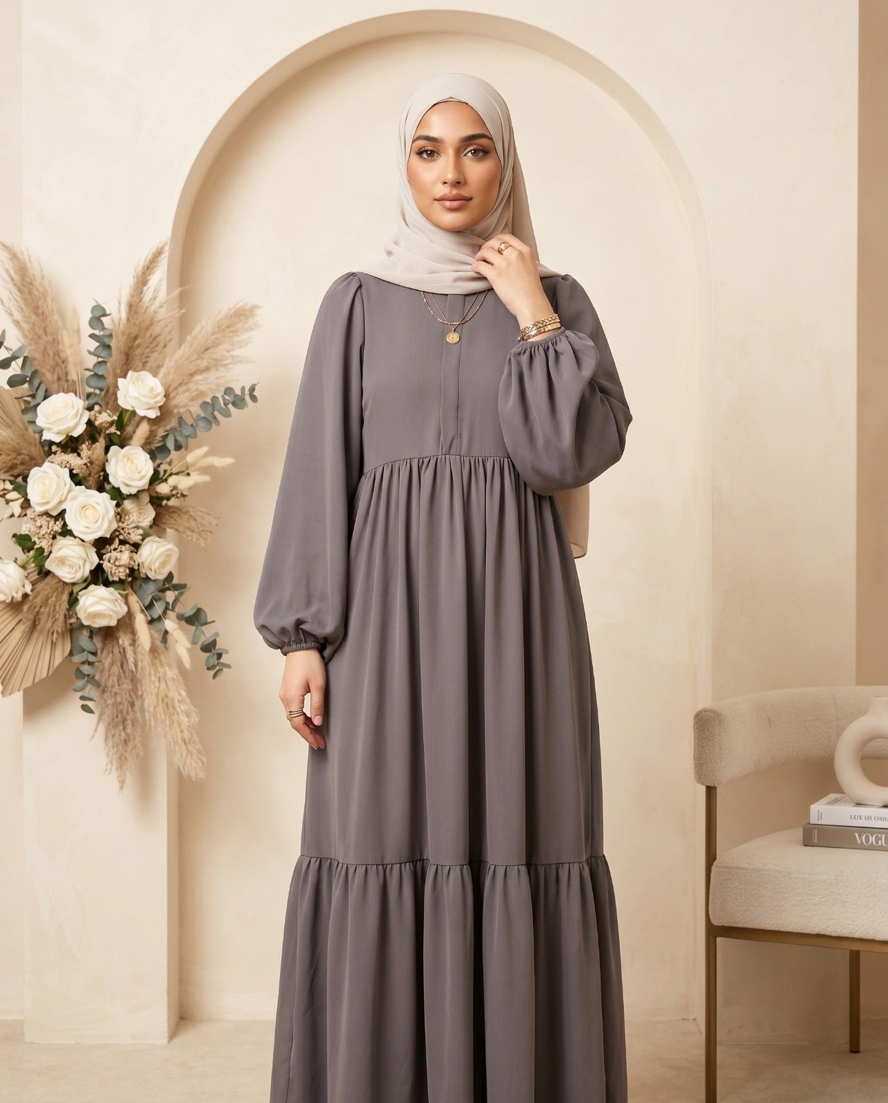 Sophisticated Slate Gray Tiered Georgette Abaya