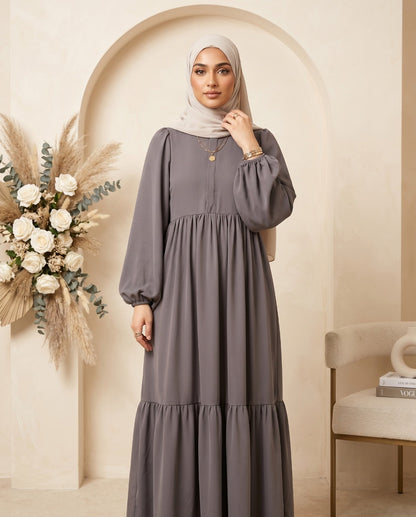 Sophisticated Slate Gray Tiered Georgette Abaya