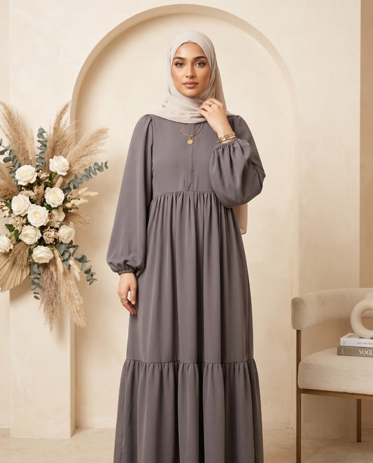 Sophisticated Slate Gray Tiered Georgette Abaya