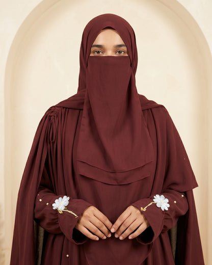 Deep Maroon Floral-Accented Ensemble Abaya