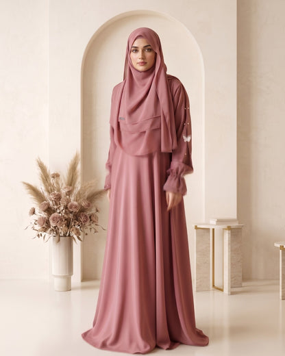 Dusty Rose Pleated-Sleeve Elegant Abaya