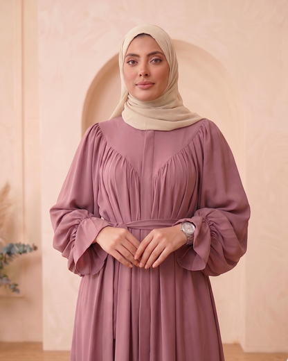 Elegant Mauve Georgette Pleated Abaya with Tie-Waist