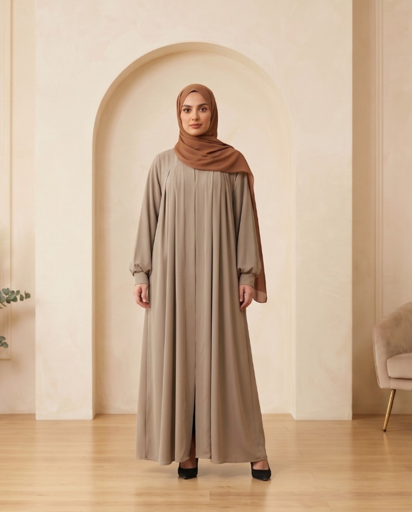 Premium Georgette Pleated Maxi Abaya Set with Elegant Smocked Cuffs