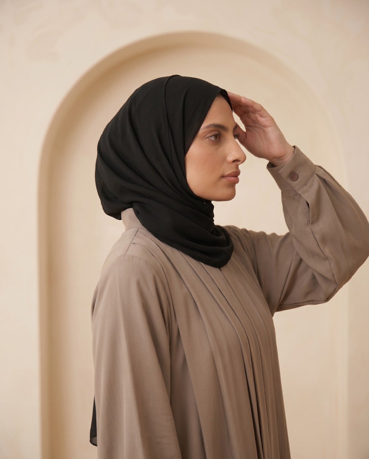 Premium Light Taupe Georgette Pleated Abaya Set with Elegant Balloon Sleeves