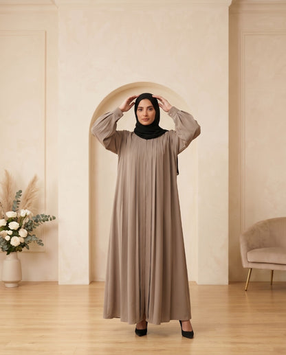 Premium Light Taupe Georgette Pleated Abaya Set with Elegant Balloon Sleeves