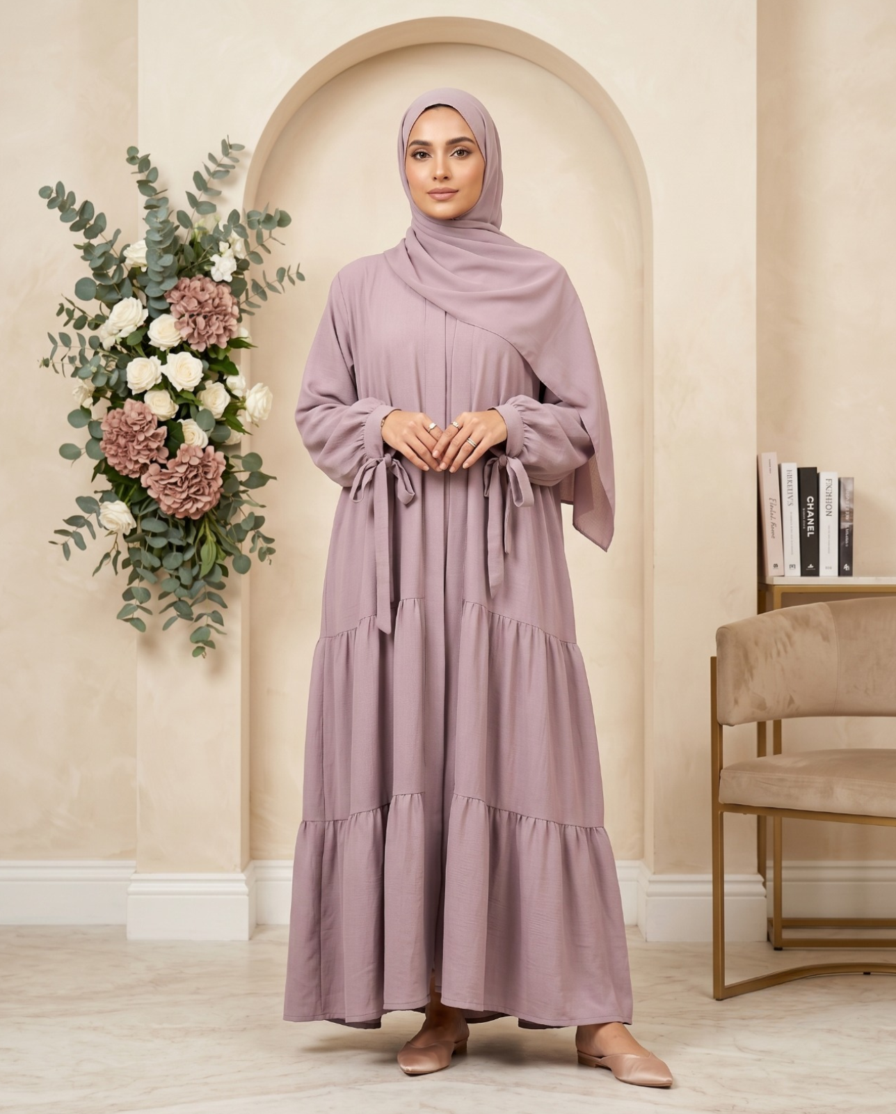 Elegant Mauve Layered-Look Georgette Abaya