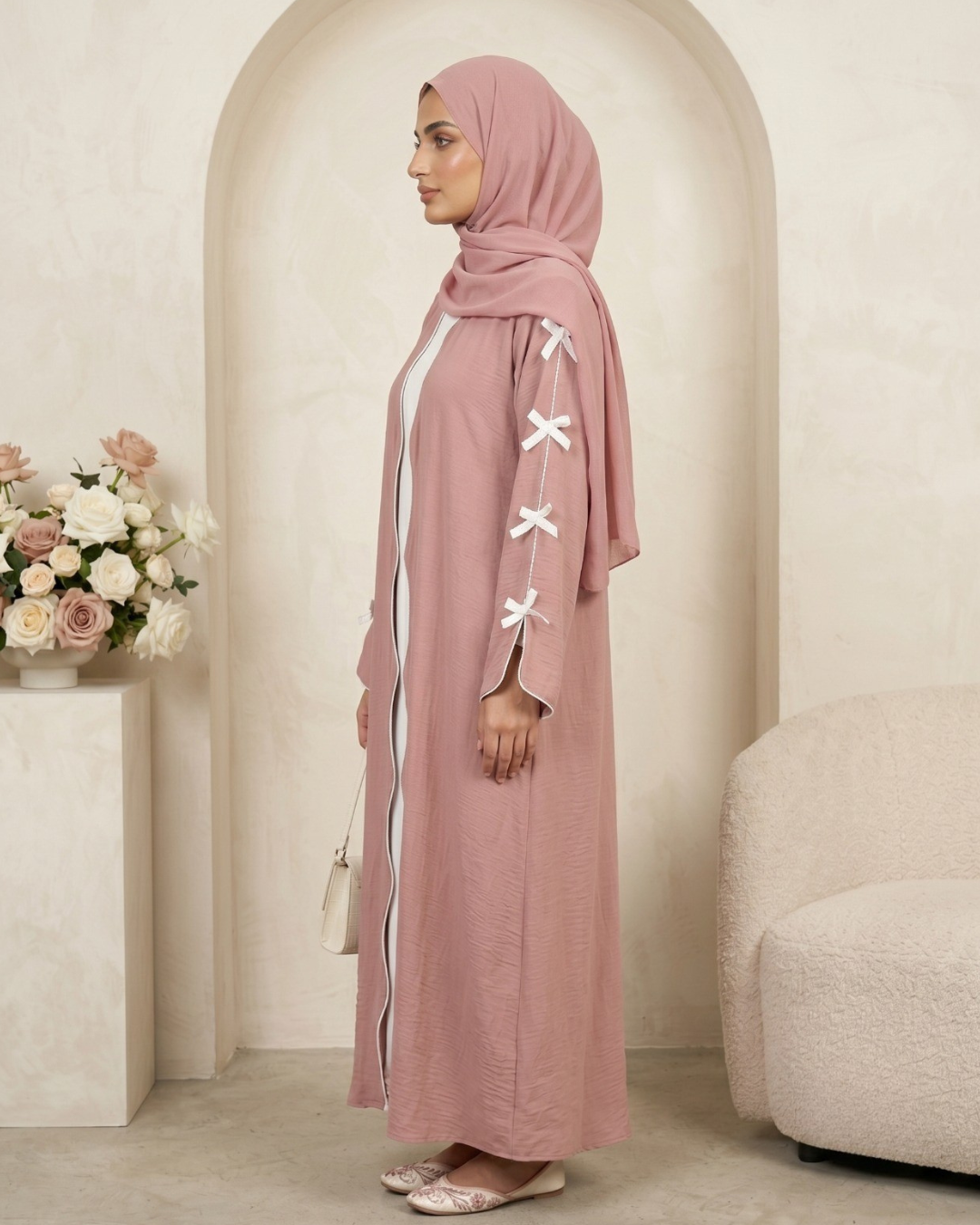 Elegant Pastel Pink Ribbon-Detail Abaya