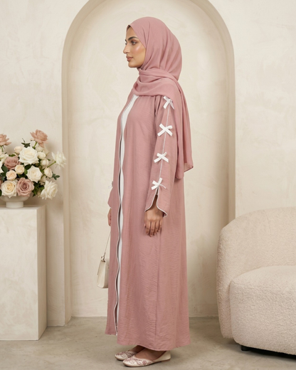 Elegant Pastel Pink Ribbon-Detail Abaya