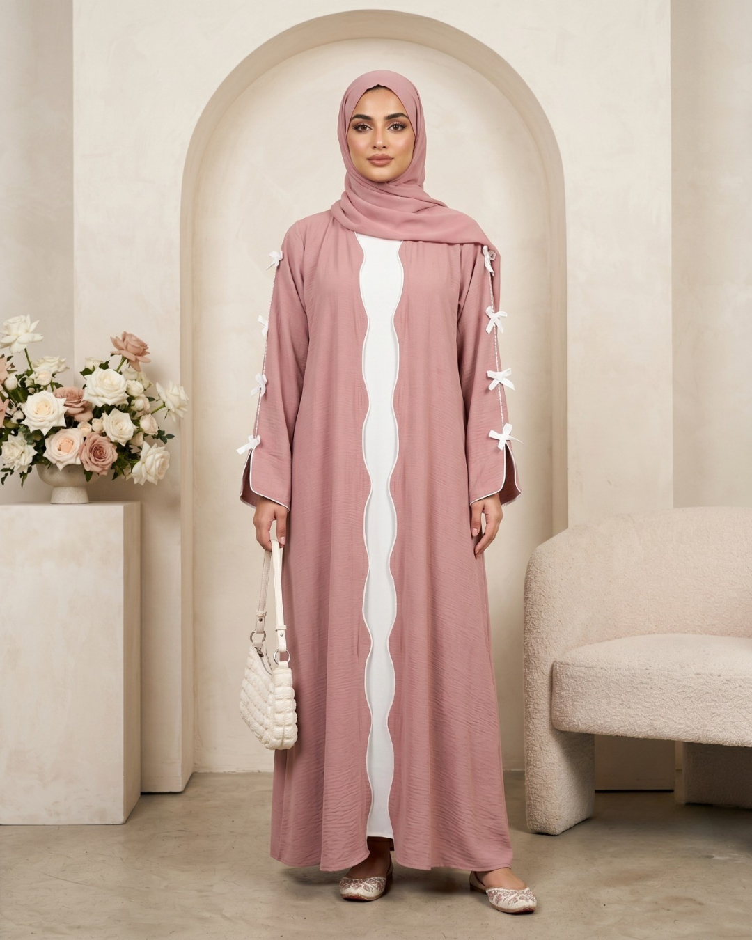 Elegant Pastel Pink Ribbon-Detail Abaya