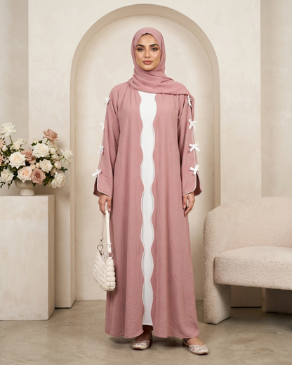 Elegant Pastel Pink Ribbon-Detail Abaya