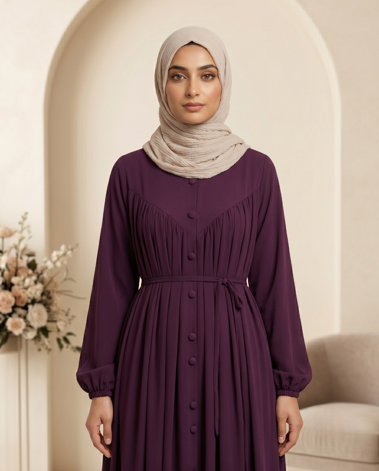 Elegant Deep Plum Button-Front Maxi Abaya