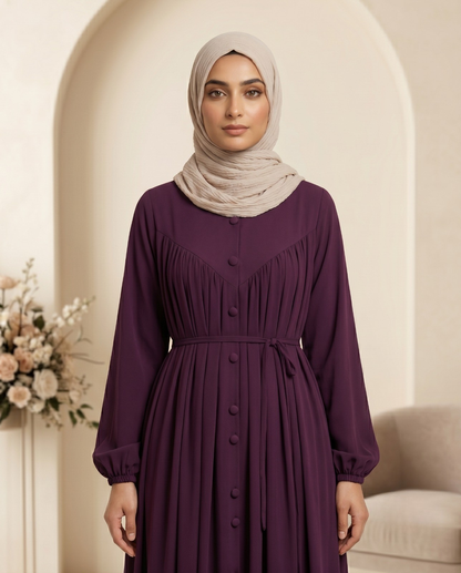 Elegant Deep Plum Button-Front Maxi Abaya