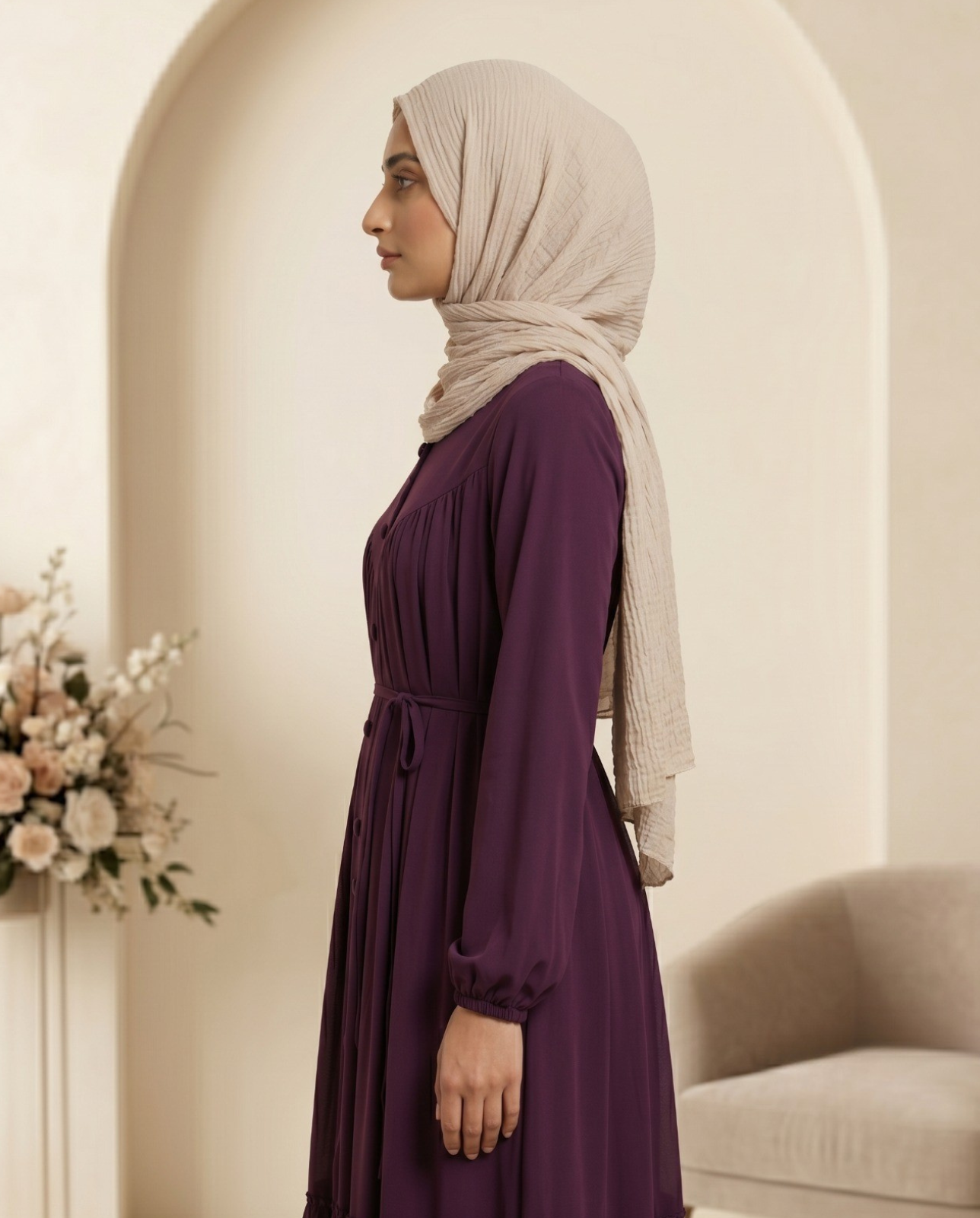 Elegant Deep Plum Button-Front Maxi Abaya