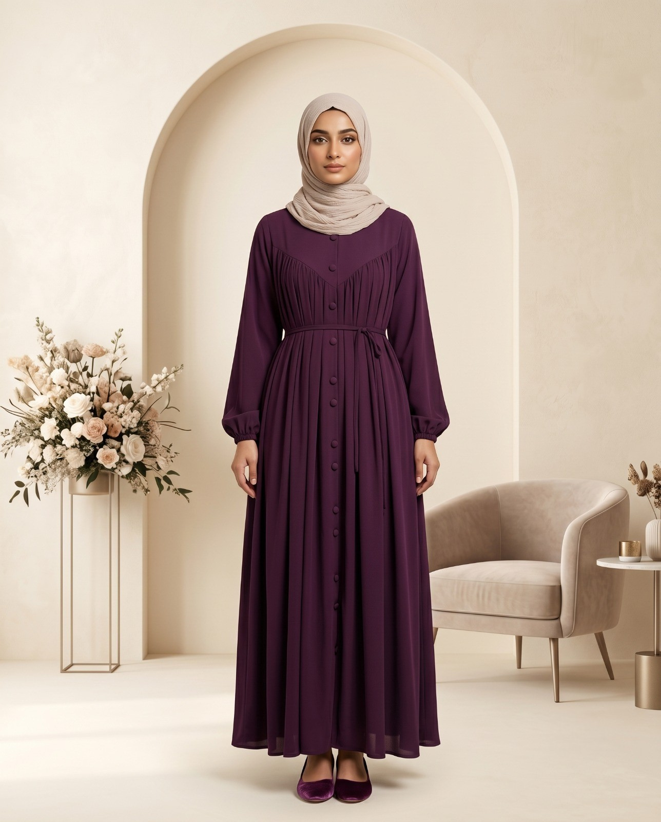 Elegant Deep Plum Button-Front Maxi Abaya