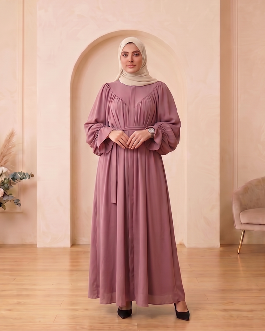 Elegant Mauve Georgette Pleated Abaya with Tie-Waist