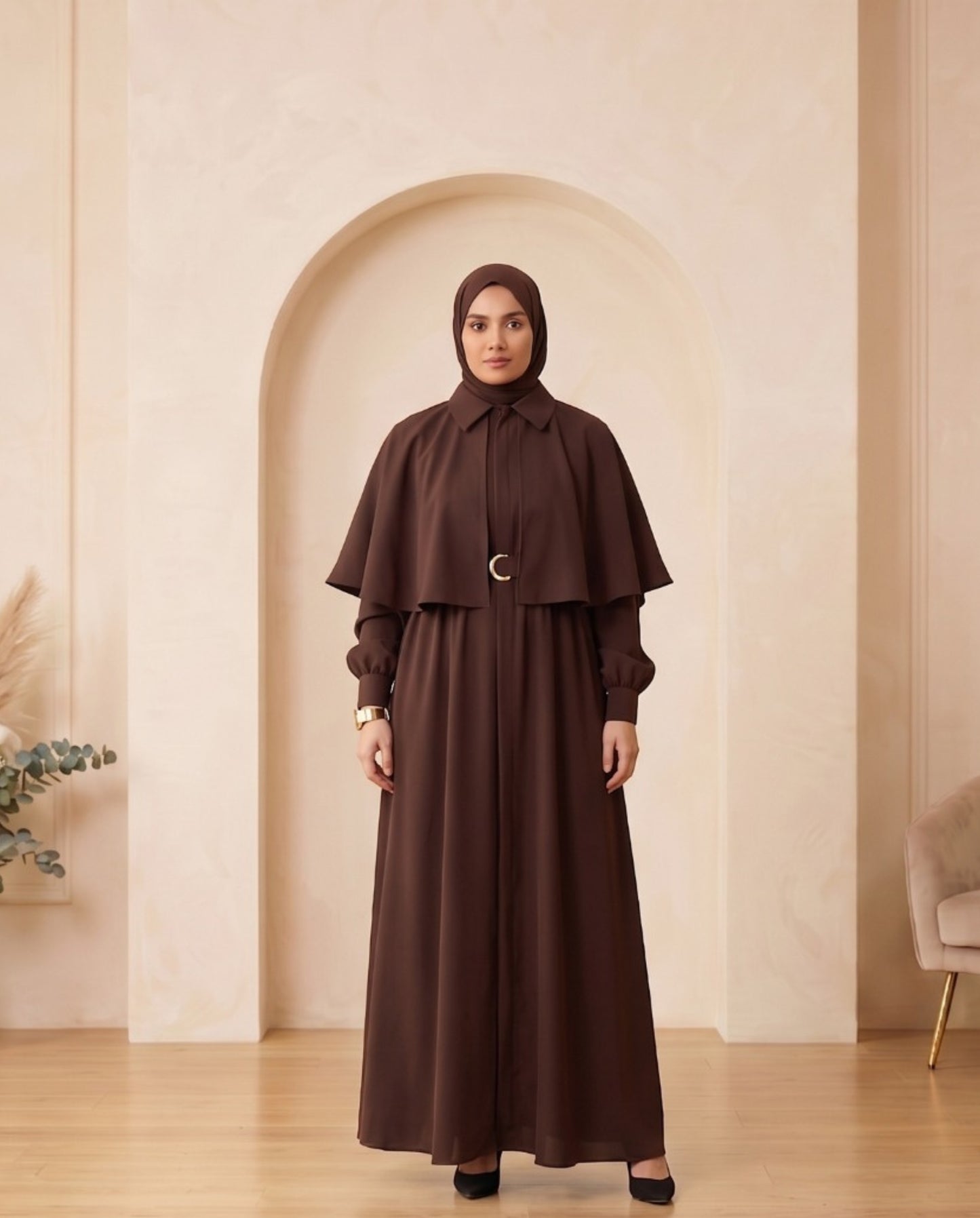 Chocolate Brown Layered Cape Georgette Abaya
